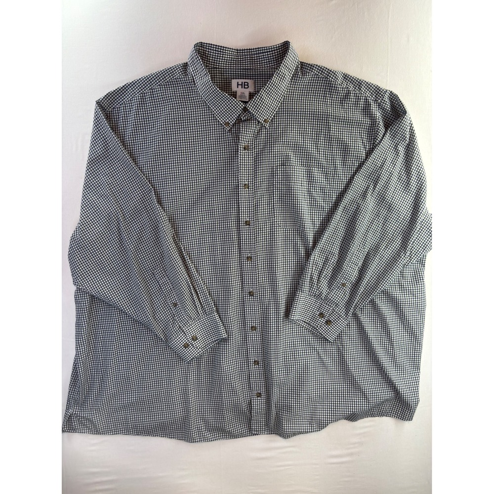 HB Mens 5XL Gingham Check Long Sleeve Button Down Shirt Navy Blue White